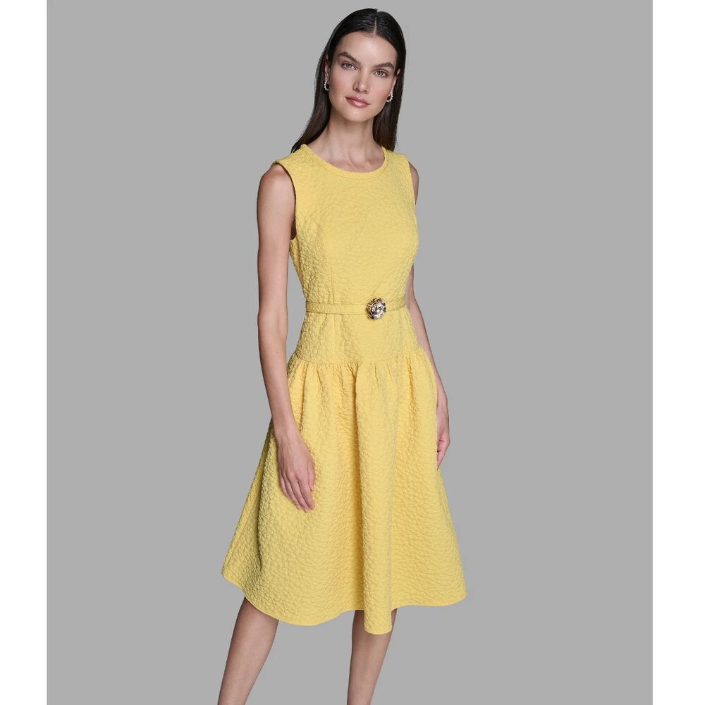 Karl Lagerfeld Yellow Floral Jacquard A-Line Dress with Flower Belt NWT! Size 12 - Picture 6 of 10